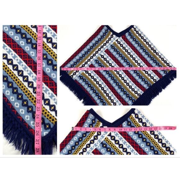 Vintage Knit Southwest Pattern Asymmetrical Sweater Poncho With Fringe Sz Small - Picture 8 of 8